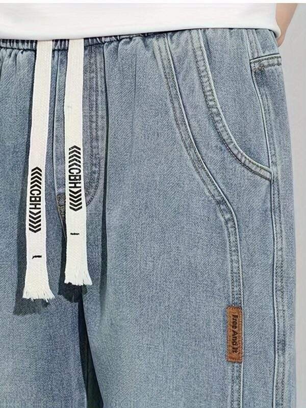 Men’s Summer Casual Loose Straight-Leg Jeans – Elastic Drawstring Waist, Lightweight Denim, Streetwear, Mid-Rise, Regular Length - Image 4