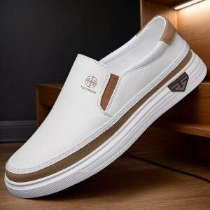 Men's Casual Slip-On Loafers - Soft Leather Upper, Comfortable & Durable, Non-Slip Rubber Sole, White with Brown Accents, Full Size Range for Casual Attire, Street Style, and Commuting, Commuting Loafers | Minimalist Loafers | Durable Construction