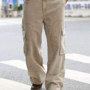 Plus Size Men’s Solid Color Loose Straight Denim Jeans with Side Pockets – Washed Work Style