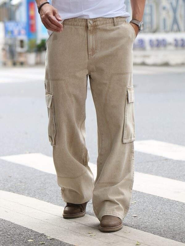 Plus Size Men’s Solid Color Loose Straight Denim Jeans with Side Pockets – Washed Work Style