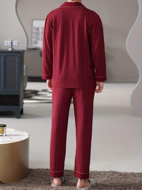 100% Cotton Men'S Pajama Set - Casual Lapel Collar Long Sleeve Sleepwear with Pockets, Striped Slight Stretch Knit Fabric, Loose Fit Lounge Sets for Spring/Fall - Image 6