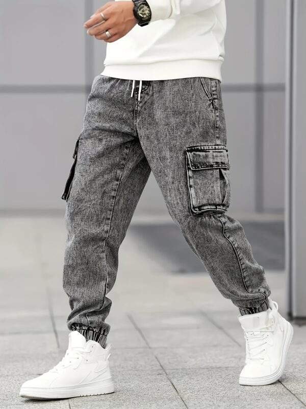 Men’s Slim Fit Cargo Jeans – Stylish Gray Denim, Multi-Pocket, Durable Cotton-Polyester Blend, All-Season - Image 4
