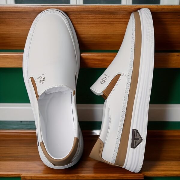 Men's Casual Slip-On Loafers - Soft Leather Upper, Comfortable & Durable, Non-Slip Rubber Sole, White with Brown Accents, Full Size Range for Casual Attire, Street Style, and Commuting, Commuting Loafers | Minimalist Loafers | Durable Construction - Image 5