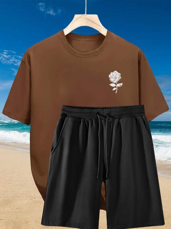 2pcs Men'S Summer Casual Outfit: Relaxed Fit Cotton T-Shirt & Drawstring Shorts Set - Floral Graphic Printed - Sporty, Comfortable, Beach-Ready, Summer Shorts, for Daily & Weekend Casual Wea - Image 2
