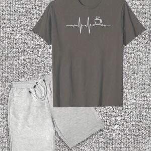 Men’s Coffee Signal Pattern Short Sleeve T-Shirt & Shorts Casual Set