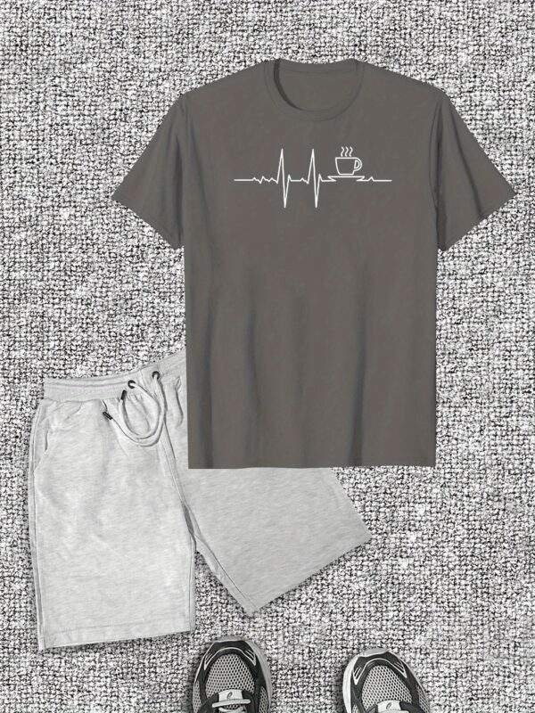 Men’s Coffee Signal Pattern Short Sleeve T-Shirt & Shorts Casual Set