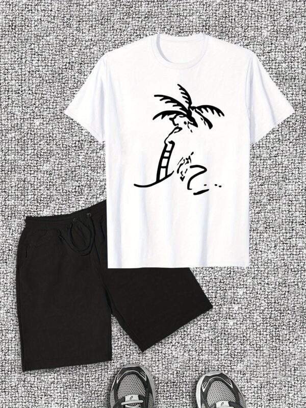 Men's Casual T-Shirt & Shorts Set – Light Gray Cotton with Palm Tree & "Beach" Print, Short Sleeve Tee & Drawstring Shorts, Stretchy & Ideal for Summer Beachwear - Image 3
