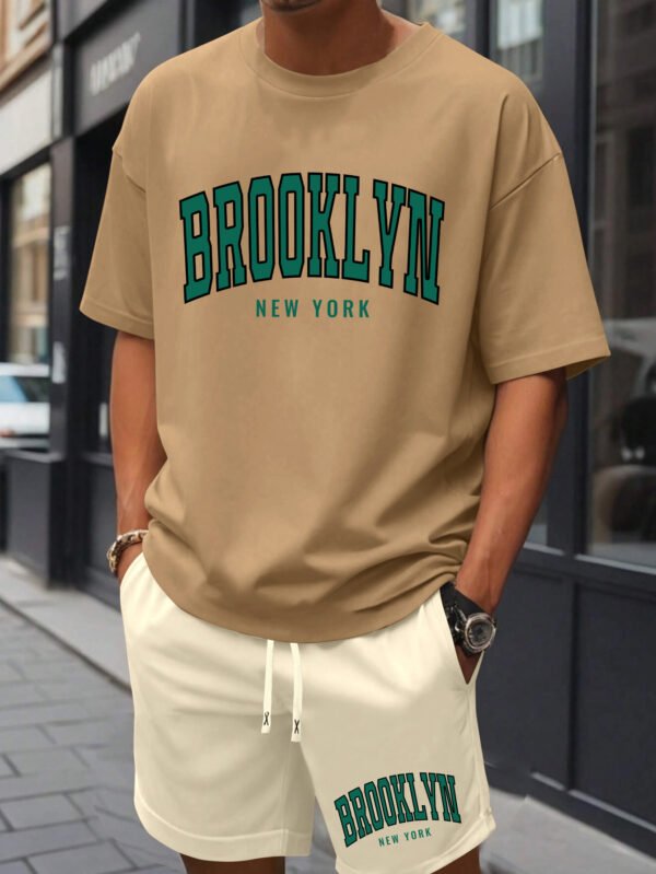 Men’s Brooklyn New York Print Cotton T-Shirt & Shorts Set – Casual Crew Neck, Short Sleeve, Loose Fit, White with Green Lettering, Summer Beachwear with Pockets - Image 6