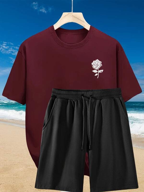 2pcs Men'S Summer Casual Outfit: Relaxed Fit Cotton T-Shirt & Drawstring Shorts Set - Floral Graphic Printed - Sporty, Comfortable, Beach-Ready, Summer Shorts, for Daily & Weekend Casual Wea - Image 4