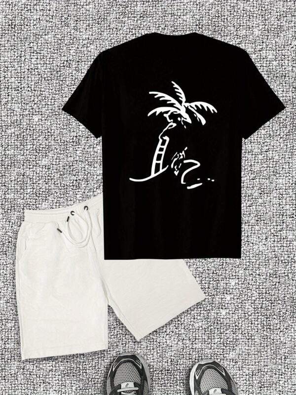 Men's Casual T-Shirt & Shorts Set – Light Gray Cotton with Palm Tree & "Beach" Print, Short Sleeve Tee & Drawstring Shorts, Stretchy & Ideal for Summer Beachwear - Image 6