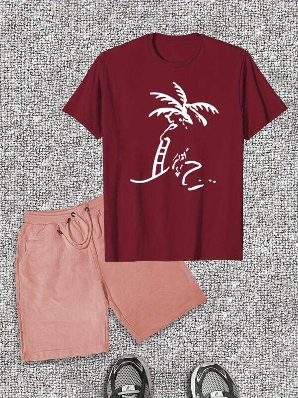 Men's Casual T-Shirt & Shorts Set – Light Gray Cotton with Palm Tree & "Beach" Print, Short Sleeve Tee & Drawstring Shorts, Stretchy & Ideal for Summer Beachwear - Image 5