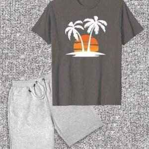 Men’s Casual Summer T-Shirt & Shorts Set – Cotton Crew Neck with Tropical Palm Tree Print, Regular Fit, Slight Stretch Fabric, Perfect for Beach or Vacation Wear