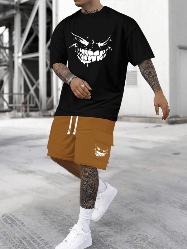 Men’s Funny Teeth-Show Smile Print Cotton T-Shirt & Shorts Set – Breathable, Comfortable Summer Casualwear for Daily, Vacation, or Training - Image 3
