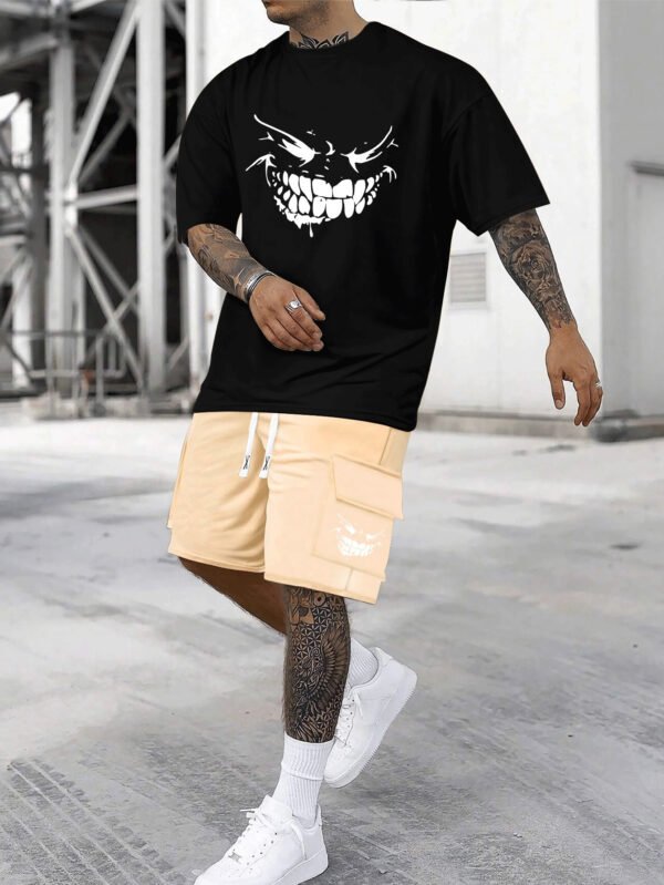 Men’s Funny Teeth-Show Smile Print Cotton T-Shirt & Shorts Set – Breathable, Comfortable Summer Casualwear for Daily, Vacation, or Training - Image 5