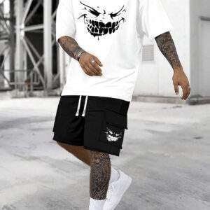 Men’s Funny Teeth-Show Smile Print Cotton T-Shirt & Shorts Set – Breathable, Comfortable Summer Casualwear for Daily, Vacation, or Training