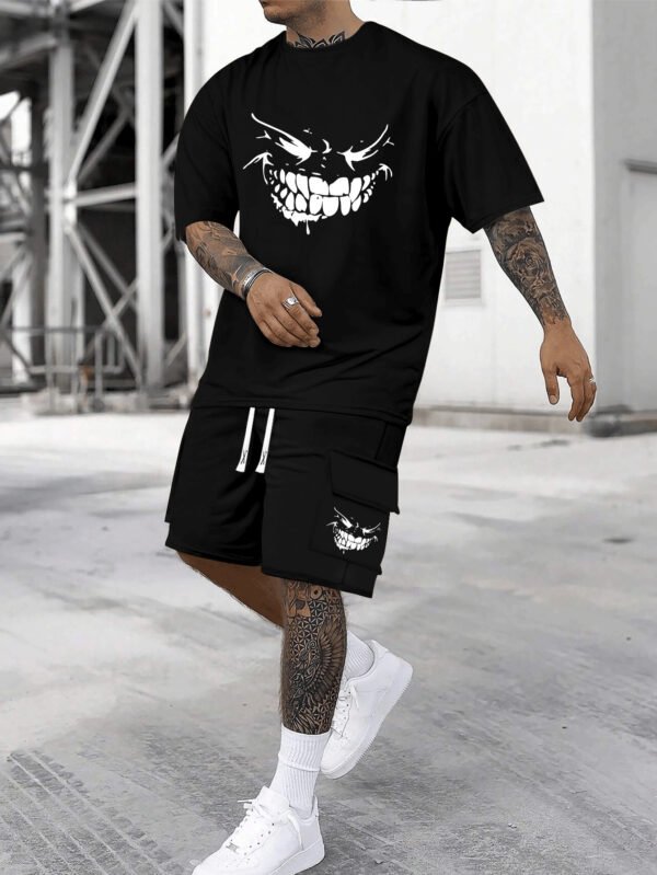 Men’s Funny Teeth-Show Smile Print Cotton T-Shirt & Shorts Set – Breathable, Comfortable Summer Casualwear for Daily, Vacation, or Training - Image 2