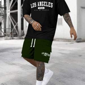 Men's Casual Cotton T-Shirt & Shorts Set – Loose Fit, Slight Stretch, Geometric Pattern