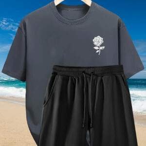 2pcs Men'S Summer Casual Outfit: Relaxed Fit Cotton T-Shirt & Drawstring Shorts Set - Floral Graphic Printed - Sporty, Comfortable, Beach-Ready, Summer Shorts, for Daily & Weekend Casual Wea