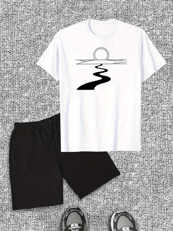 Men’s Casual River Pattern T-Shirt & Shorts Set – Cotton Crew Neck, Slight Stretch, Solid Color, Summer Comfort, Minimalist Design - Image 6