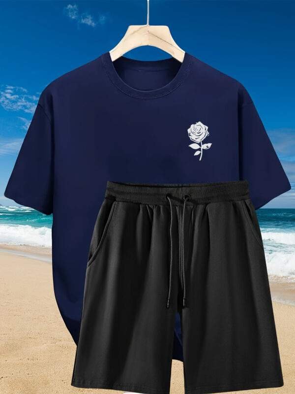 2pcs Men'S Summer Casual Outfit: Relaxed Fit Cotton T-Shirt & Drawstring Shorts Set - Floral Graphic Printed - Sporty, Comfortable, Beach-Ready, Summer Shorts, for Daily & Weekend Casual Wea - Image 5