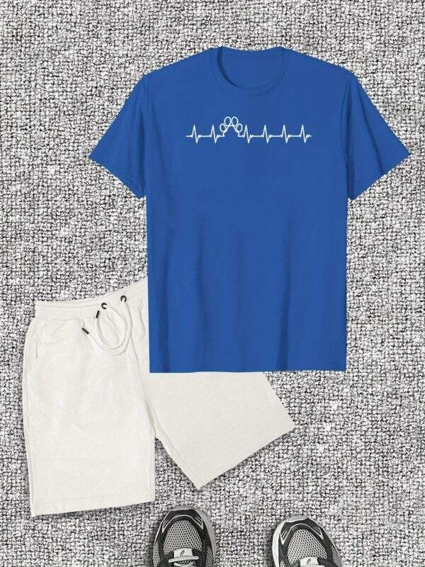 Men's Casual Summer Set – Light Blue Heartbeat Line T-Shirt & Dark Blue Shorts, Soft Cotton, Round Neck, Minimalist Design, Ideal for Everyday Wear - Image 3