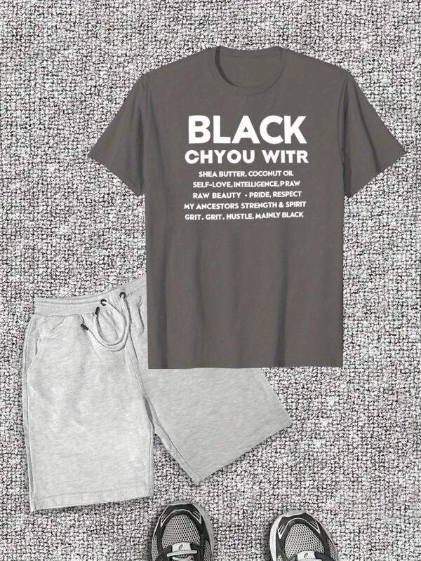 Men’s Casual Cotton T-Shirt & Shorts Set – Bold Black with White Text, Crew Neck, Short Sleeve, Summer Casual, Comfortable Cotton Fabric - Image 4