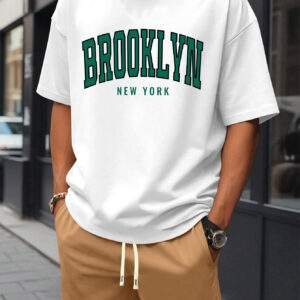Men’s Brooklyn New York Print Cotton T-Shirt & Shorts Set – Casual Crew Neck, Short Sleeve, Loose Fit, White with Green Lettering, Summer Beachwear with Pockets