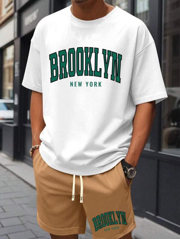 Men’s Brooklyn New York Print Cotton T-Shirt & Shorts Set – Casual Crew Neck, Short Sleeve, Loose Fit, White with Green Lettering, Summer Beachwear with Pockets