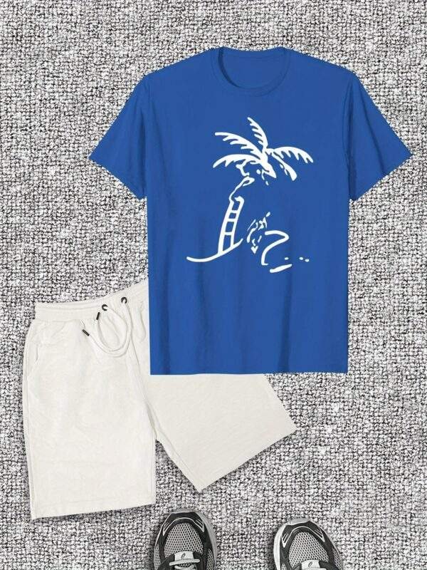 Men's Casual T-Shirt & Shorts Set – Light Gray Cotton with Palm Tree & "Beach" Print, Short Sleeve Tee & Drawstring Shorts, Stretchy & Ideal for Summer Beachwear - Image 4