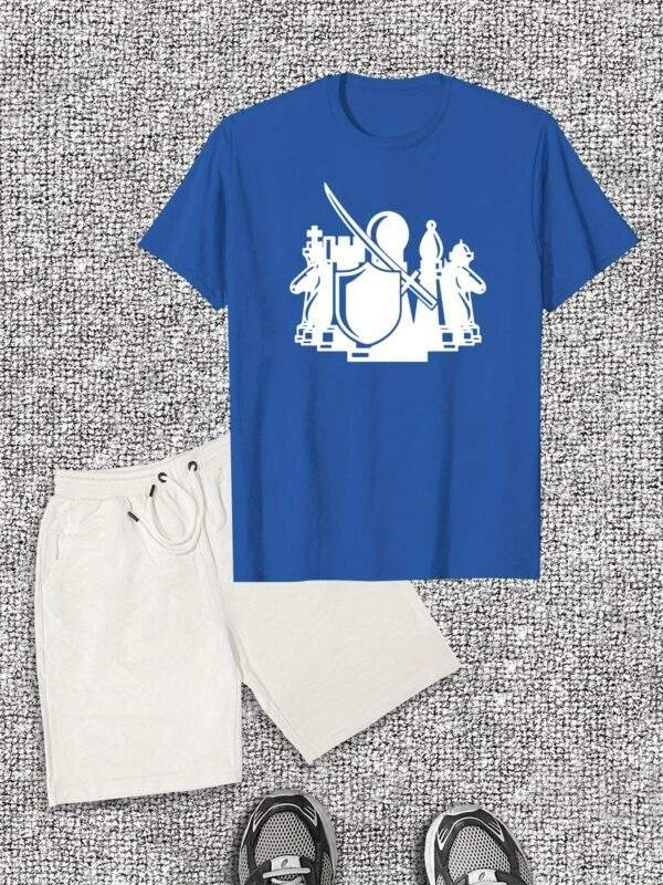 Men's Casual Cotton T-Shirt & Shorts Set – Chess Piece Design, Crew Neck, Slight Stretch Fabric, Modern Summer Casualwear - Image 3