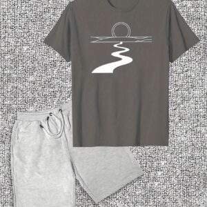 Men’s Casual River Pattern T-Shirt & Shorts Set – Cotton Crew Neck, Slight Stretch, Solid Color, Summer Comfort, Minimalist Design