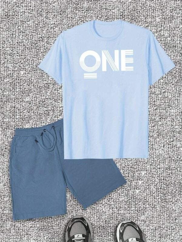 Men's "ONE" English Print T-Shirt & Shorts Set – Casual Summer Outfit, Short Sleeves, Lightweight & Comfortable Cotton Fabric