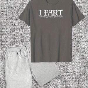 Men’s Plus Size “I FART in your general direction!” Graphic Tee & Shorts Set – Casual Cotton, Round Neck, Light Gray, Humorous Summer Wear