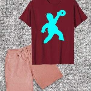 Men’s Casual Summer T-Shirt & Shorts Set – Cotton Crew Neck, Solid Color with Cartoon Print, Slight Stretch, Regular Fit, Perfect for Casual Wear
