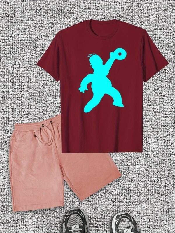 Men’s Casual Summer T-Shirt & Shorts Set – Cotton Crew Neck, Solid Color with Cartoon Print, Slight Stretch, Regular Fit, Perfect for Casual Wear