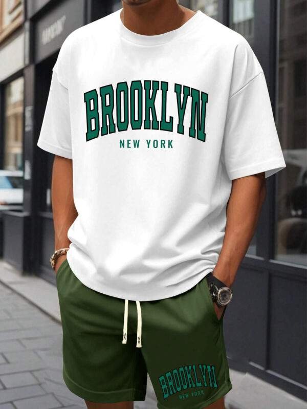Men’s Brooklyn New York Print Cotton T-Shirt & Shorts Set – Casual Crew Neck, Short Sleeve, Loose Fit, White with Green Lettering, Summer Beachwear with Pockets - Image 3