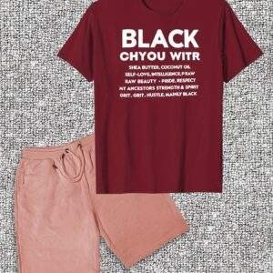 Men’s Casual Cotton T-Shirt & Shorts Set – Bold Black with White Text, Crew Neck, Short Sleeve, Summer Casual, Comfortable Cotton Fabric