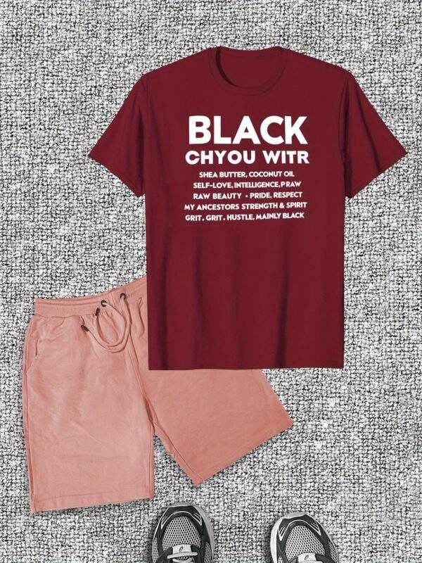Men’s Casual Cotton T-Shirt & Shorts Set – Bold Black with White Text, Crew Neck, Short Sleeve, Summer Casual, Comfortable Cotton Fabric