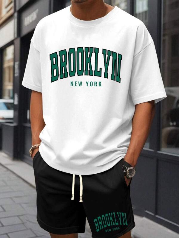 Men’s Brooklyn New York Print Cotton T-Shirt & Shorts Set – Casual Crew Neck, Short Sleeve, Loose Fit, White with Green Lettering, Summer Beachwear with Pockets - Image 2