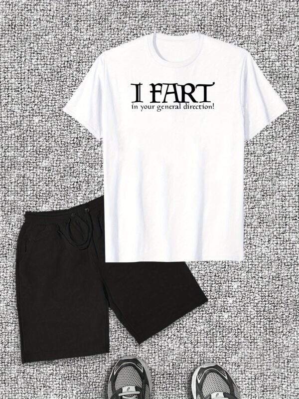 Men’s Plus Size “I FART in your general direction!” Graphic Tee & Shorts Set – Casual Cotton, Round Neck, Light Gray, Humorous Summer Wear - Image 3