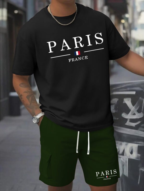 Men’s Printed 2pcs Set – Round Neck Cotton T-Shirt & Work Shorts, Short Sleeve, Spring/Summer - Image 2