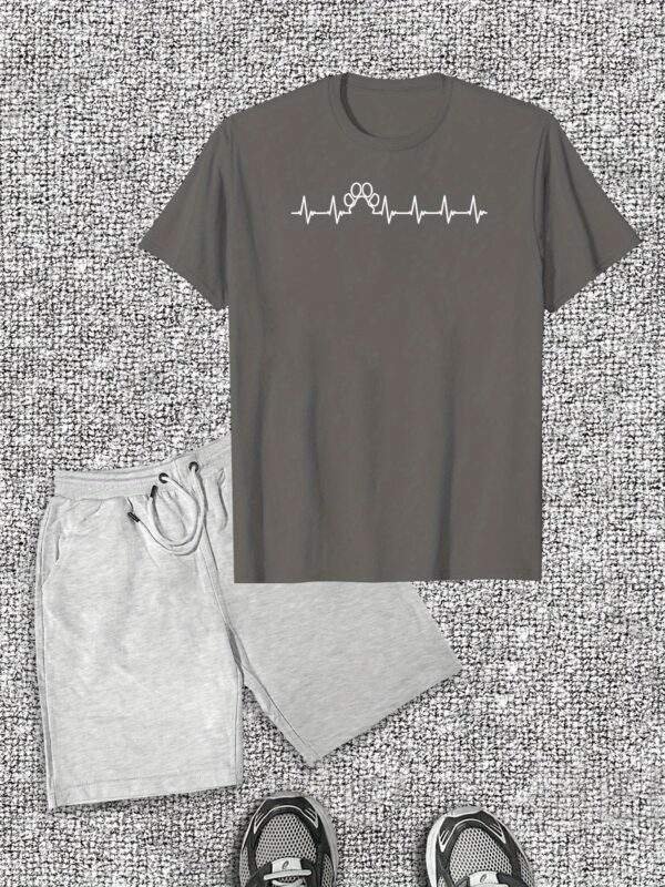 Men's Casual Summer Set – Light Blue Heartbeat Line T-Shirt & Dark Blue Shorts, Soft Cotton, Round Neck, Minimalist Design, Ideal for Everyday Wear - Image 4