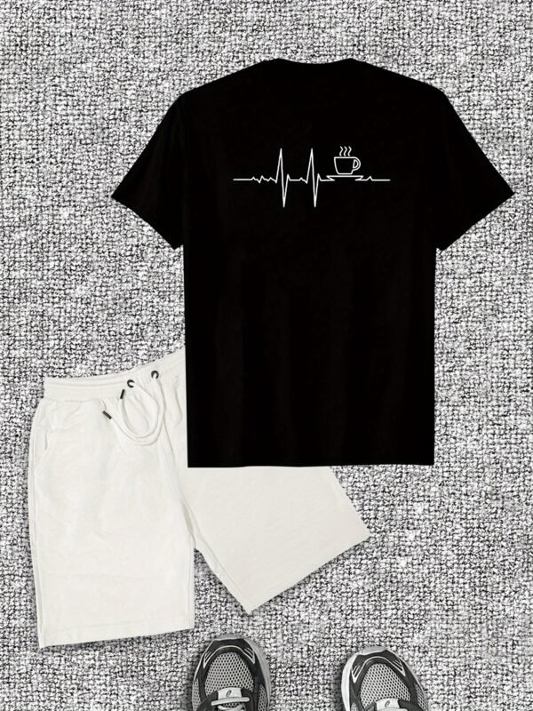 Men’s Coffee Signal Pattern Short Sleeve T-Shirt & Shorts Casual Set - Image 2