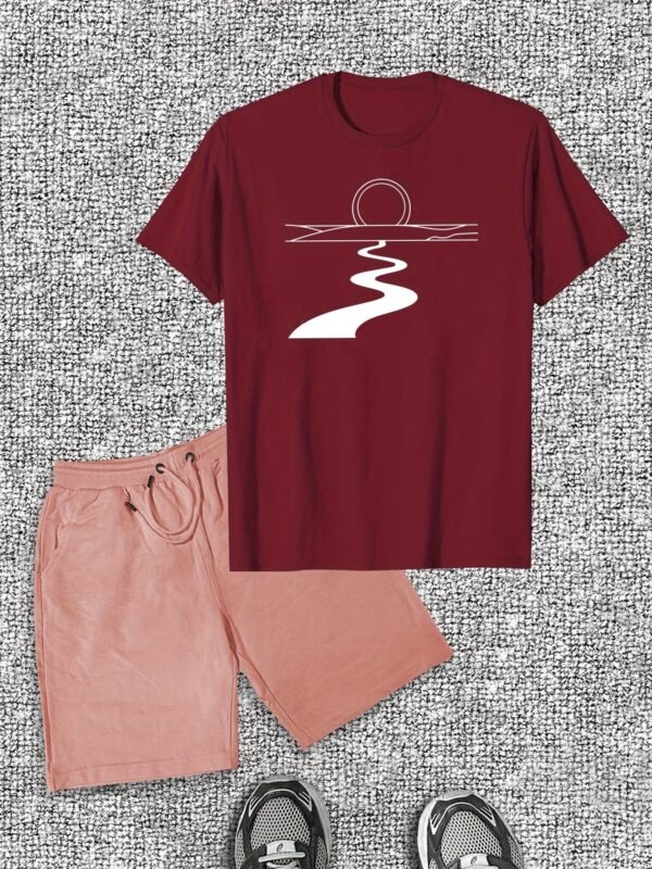 Men’s Casual River Pattern T-Shirt & Shorts Set – Cotton Crew Neck, Slight Stretch, Solid Color, Summer Comfort, Minimalist Design - Image 5