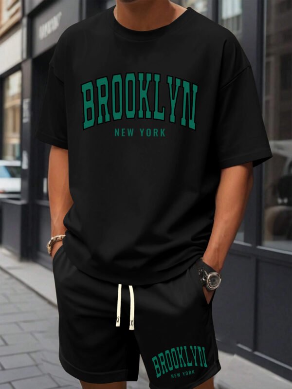Men’s Brooklyn New York Print Cotton T-Shirt & Shorts Set – Casual Crew Neck, Short Sleeve, Loose Fit, White with Green Lettering, Summer Beachwear with Pockets - Image 5