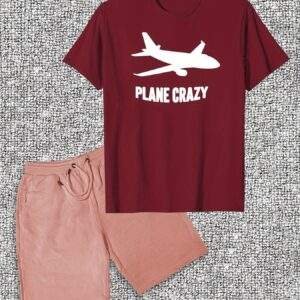 Men’s “PLANE CRAZY” Graphic T-Shirt & Shorts Set – Red Cotton Crew Neck Tee with Airplane Print, Short-Length Shorts, Machine Washable, Casual Summer Wear
