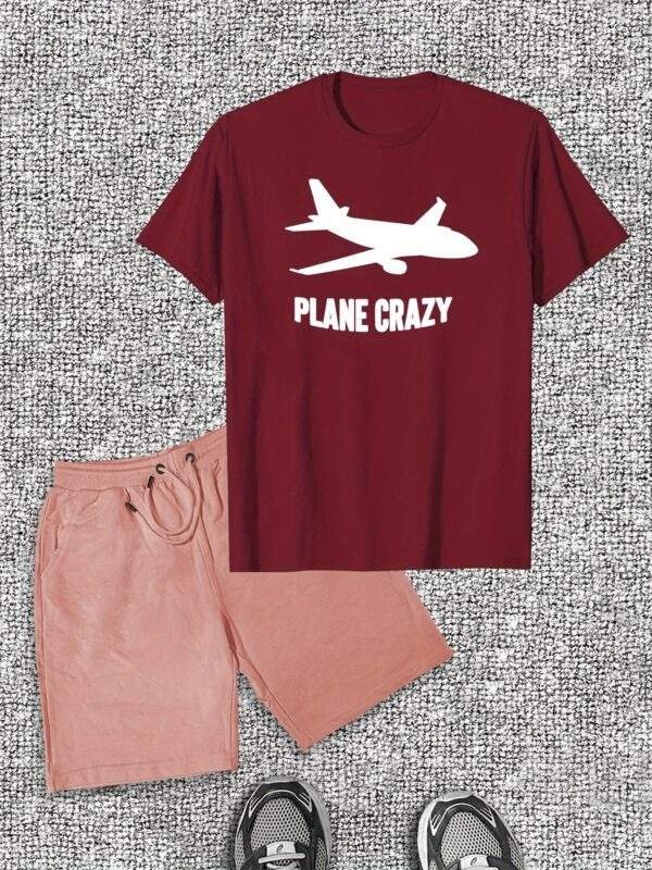 Men’s “PLANE CRAZY” Graphic T-Shirt & Shorts Set – Red Cotton Crew Neck Tee with Airplane Print, Short-Length Shorts, Machine Washable, Casual Summer Wear