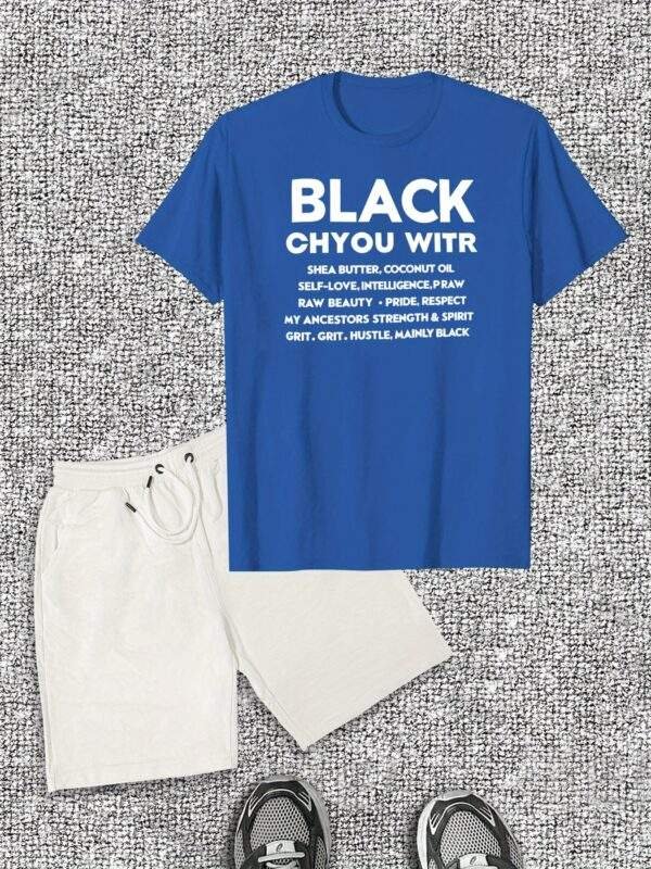 Men’s Casual Cotton T-Shirt & Shorts Set – Bold Black with White Text, Crew Neck, Short Sleeve, Summer Casual, Comfortable Cotton Fabric - Image 3