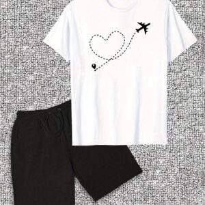 Men’s Casual Plane & Heart Graphic Tee & Shorts Set – Cotton, Round Neck, Lightweight, Breathable, Relaxed Fit, Perfect for Summer Casual Wear
