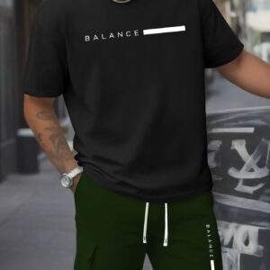 Printed Men’s 2pcs Set: Round Neck Cotton Short Sleeve T-Shirt & Work Shorts, Spring/Summer Wear